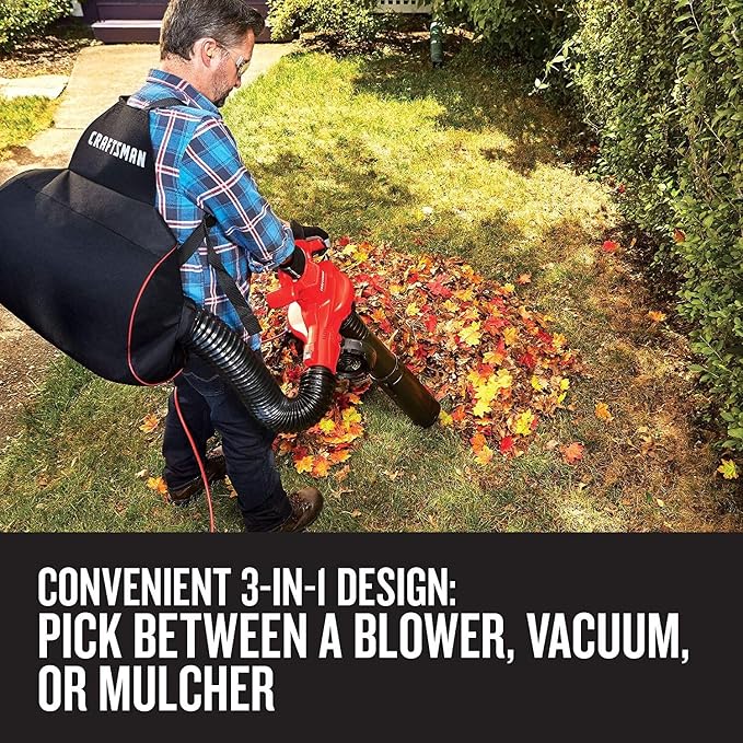 CRAFTSMAN Leaf Blower, Leaf Vacuum and Mulcher, 3-in-1 Backpack Blower, Up to 230 MPH, 12 Amp, Corded Electric (CMEBL700)