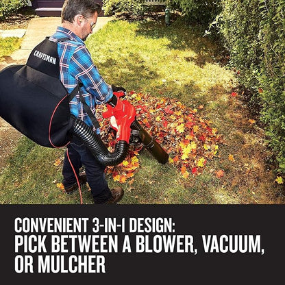 CRAFTSMAN Leaf Blower, Leaf Vacuum and Mulcher, 3-in-1 Backpack Blower, Up to 230 MPH, 12 Amp, Corded Electric (CMEBL700)