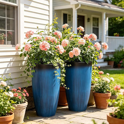 2-Pack 23.75" Cobalt Blue Round Tall Planters with Drainage Holes | Set of 2 PP tall planters with cobalt glaze look, drainage plugs, and UV-treated finish for porch, patio, or entryway