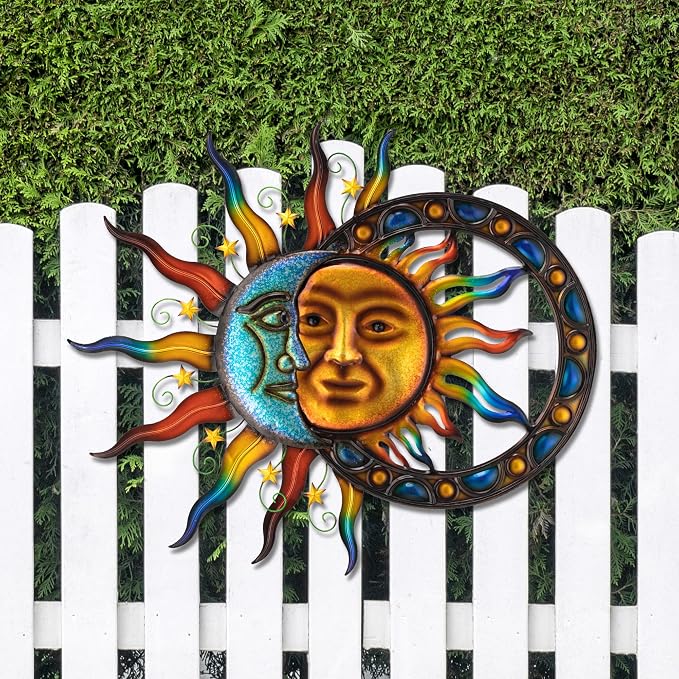 Glitzhome Sun and Moon Wall Decor, 33.5 Inch Celestial Metal Wall Art with Glossy Color Finish and Antique Details, Outdoor Sun and Moon Decor for Garden Porch Patio Home