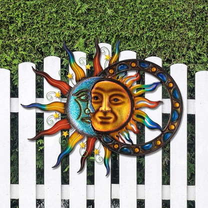 Glitzhome Sun and Moon Wall Decor, 33.5 Inch Celestial Metal Wall Art with Glossy Color Finish and Antique Details, Outdoor Sun and Moon Decor for Garden Porch Patio Home