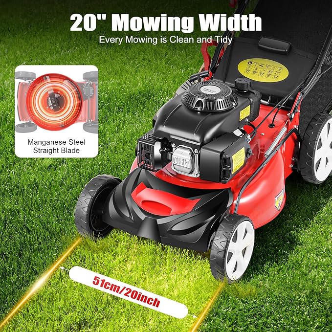 20-Inch Self-Propelled Gas Push Lawn Mower, 140cc 4-Stroke Engine 2800rpm Walk-Behind Gas Lawn Mower with Bagger 8-Position Lever Height Adjustment for Garden and Yard