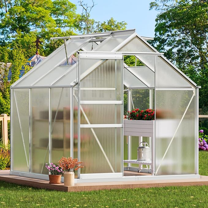 YITAHOME 6x6FT Polycarbonate Greenhouse Heavy Duty Green Houses Outdoor Greenhouses Aluminum Sliding Doors Vent Window Large Sun House for Garden Backyard, Silver