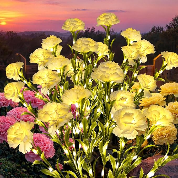 GIGALUMI Solar Lights Outdoor for Garden Decor, 4 Pack Solar Flower Lights Waterproof, 2 Lighting Modes 28 Carnations for Pathway,Yard, Patio Decoration, Gardening Gifts for Women (White)