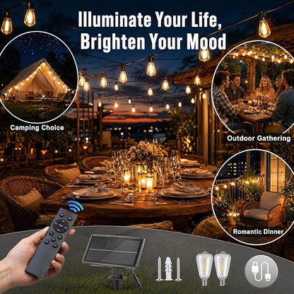 Solar Lights Outdoor Waterproof: ST38 50FT 15M Patio Lights Shatterproof Bulbs - Solar Powered & USB Charging- Remote Control 3 Light Modes Dimmable Solar Light - Garden Camping Backyard