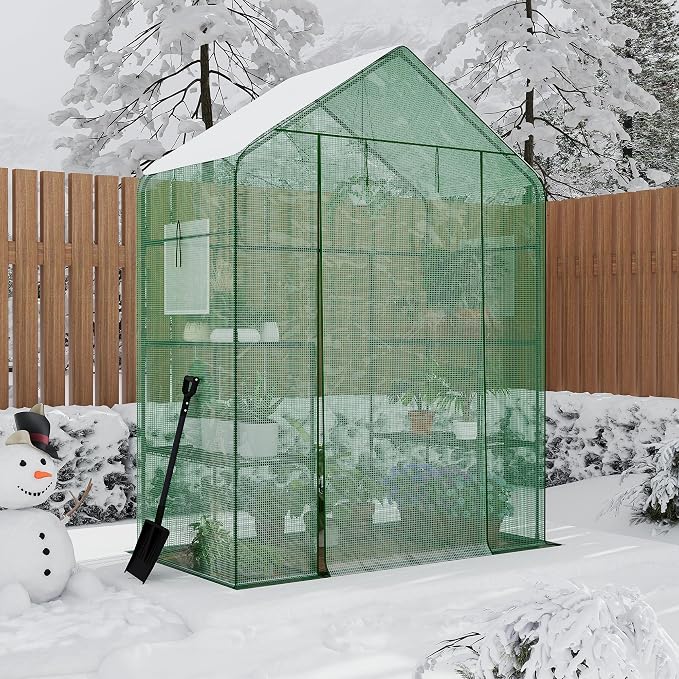 Garvee 57X29x77-Inch Greenhouse, Transparent Mini Walk-in Green House with PE Cover and Anchor, Plant Garden Hot House 3 Tiers 4 Shelves for Indoor Backyard Outside