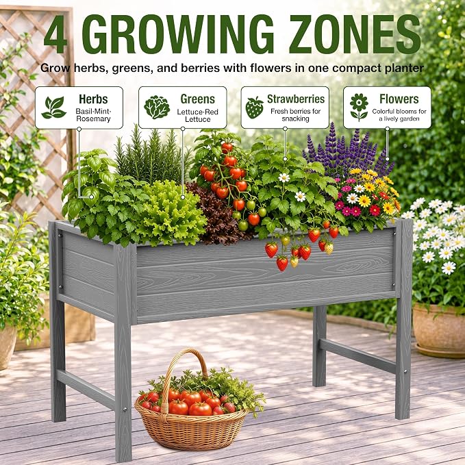 YEFU 48" Raised Garden Bed with Legs, HIPS Outdoor Garden Bed, Grey | Raised Garden Bed with Legs for Patios & Decks, 30" Height, Wood-Look HIPS, Drainage, 385 lbs Support for Vegetables & Herbs