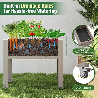 Elevated Raised Garden Bed with Wheels,Planter Box,Gray-26.3" h | Resin Planter Box with Drainage Holes, Water Monitor, Wheels for Garden Patio Backyard
