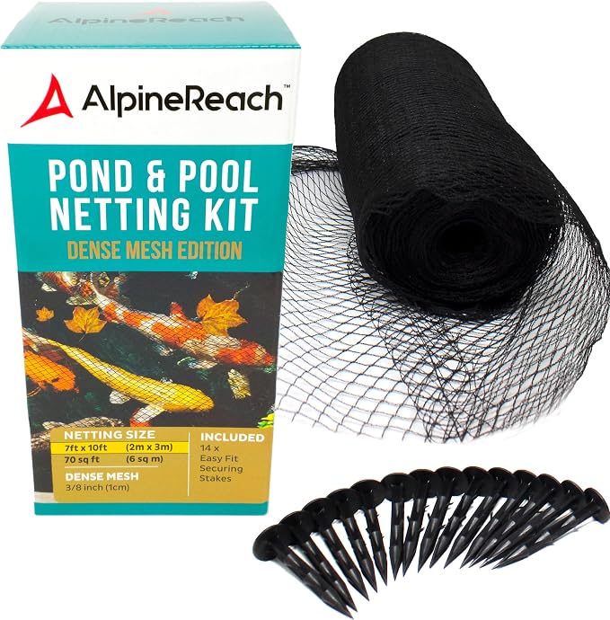 AlpineReach Koi Pond Netting Kit 7 x 10 ft Black Heavy Duty Woven Fine Mesh Net Cover for Leaves - Protects Koi Fish from Blue Heron Birds, Cats & Predators – Reusable & Stakes Included