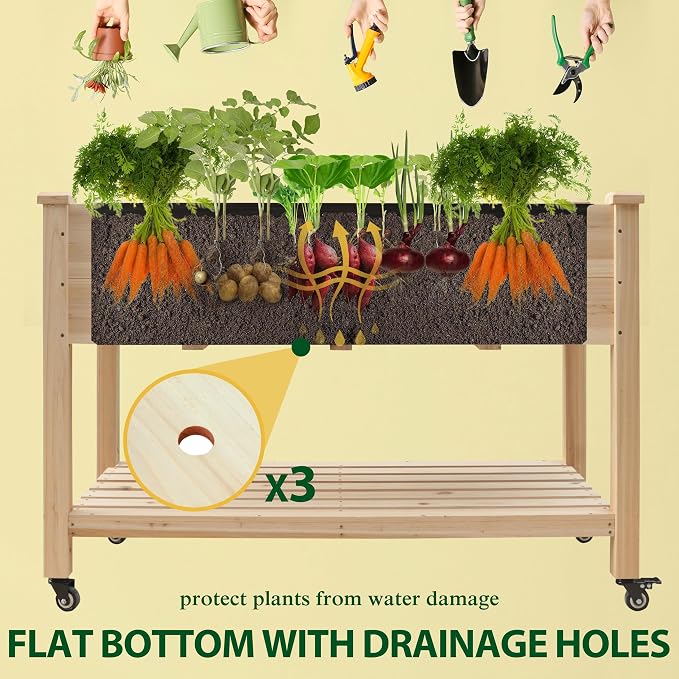 Yardenaler 48x24x33in Raised Garden Bed Featuring Legs, Outdoor Elevated Wood Planted Box Equipped with Wheels & Shelf for Vegetable, Flower, Backyard and Patio, Natural