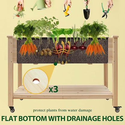 Yardenaler 48x24x33in Raised Garden Bed Featuring Legs, Outdoor Elevated Wood Planted Box Equipped with Wheels & Shelf for Vegetable, Flower, Backyard and Patio, Natural