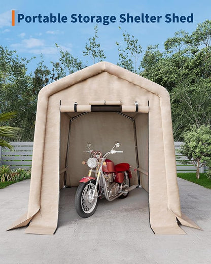 GarveeLife 6x6 ft Outdoor Portable Storage Shed with Roll-Up Door & Vent, 240G Heavy-Duty Shelter Waterproof PE Tarp, UV-Resistant Storage Sheds for Motorcycle, Firewood, Garden and Tools -Khaki