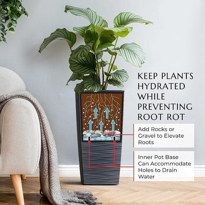Mueller M-Resin Heavy Duty Tall Planters for Outdoor Plants, Indoor Grande Plant Pots, Boxes, Trees, Flower Pots, 2-Piece Set, 24”, Modern Design, Built-in Drainage, Front Porch Decor, Dark Gray