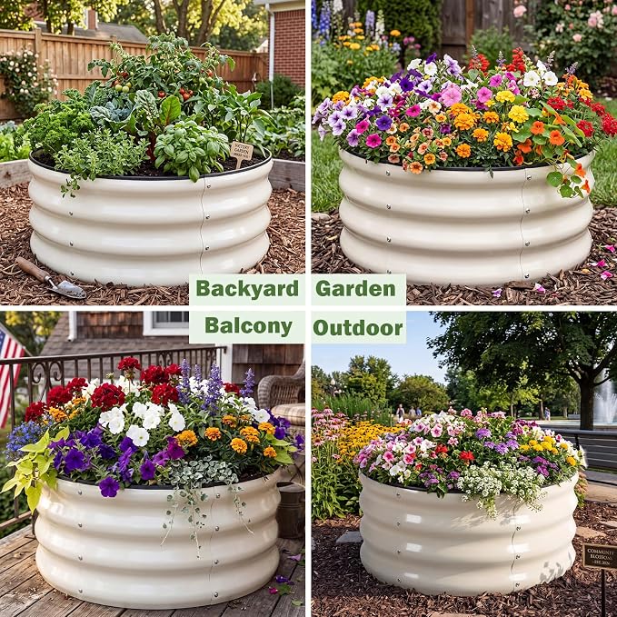 3 PCS Round Raised Garden Bed 2x2x1 ft, Metal Outdoor Planter Box Kit with Safety Rubber Edge, Easy Assemble Bottomless Small Planting Container for Vegetable, Flower, Fruit, White