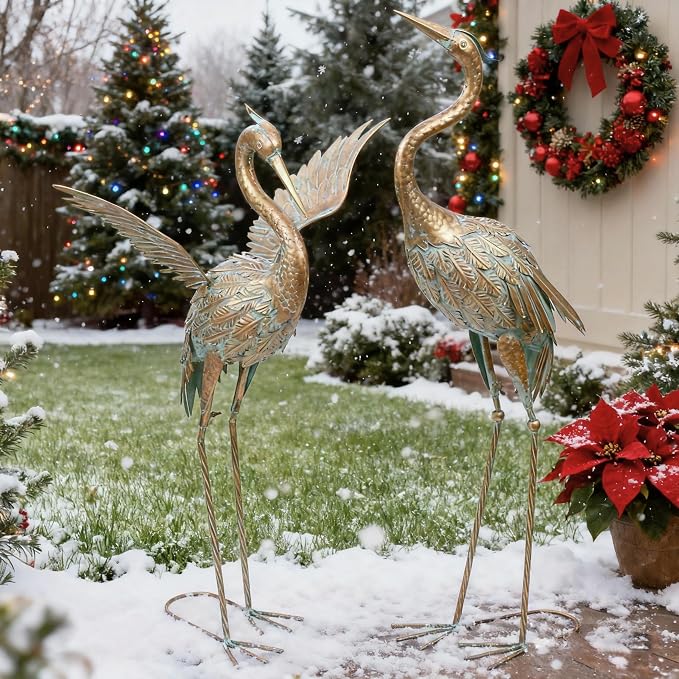 TERESA'S COLLECTIONS Garden Statues, Standing Metal Golden Heron Decoy Waterproof Outdoor Statue,33-39" Bird Yard Art for Outdoor Indoor Decorations,Outside Patio,Pool, Lawn,Set of 2,Gift for Mom