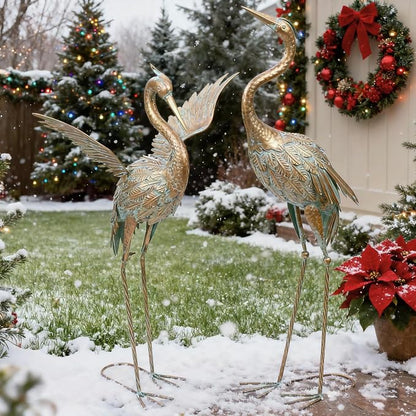 TERESA'S COLLECTIONS Garden Statues, Standing Metal Golden Heron Decoy Waterproof Outdoor Statue,33-39" Bird Yard Art for Outdoor Indoor Decorations,Outside Patio,Pool, Lawn,Set of 2,Gift for Mom