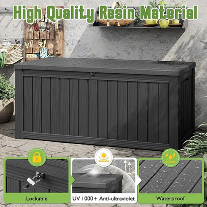 Outdoor Storage Box, 150 Gallon Deck Box with Lockable Lid, Waterproof Resin Storage Bin for Cushions, Garden Tools, Patio Furniture, Black
