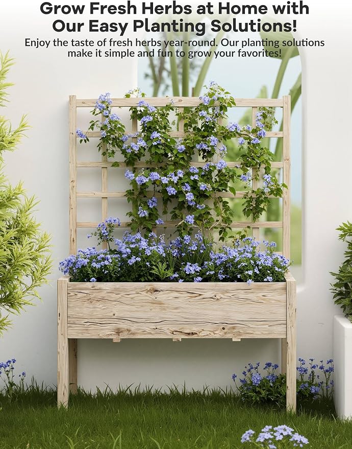 Jojoka Wooden High-Legged Raised Garden Bed with Climbing Trellis, Elevated Planter Box for Vegetables, Herbs, Flowers, Patio, Backyard