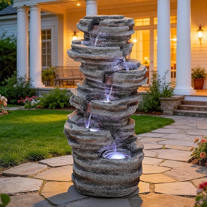 Extra-Large Rock Outdoor Water Fountain with LED Lights | 6-Tier Cascading Waterfall for Garden Patio Porch, Weather-Resistant Polyresin Water Feature for Tranquil Oasis