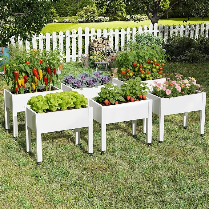 Fancyango Raised Garden Bed with Wheels 26.3" H -Ashen | Resin Elevated Garden Planter Box with Drainage, Outdoor Planter Box for Veggies Herbs Patio Balcony Backyard