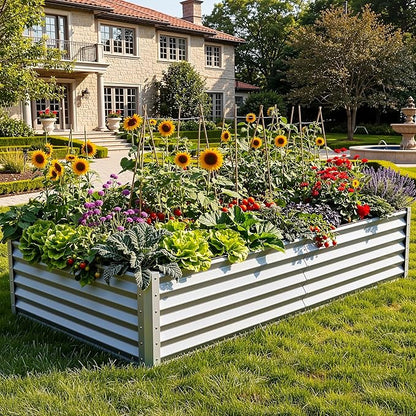 YITAHOME 8x4x1.5ft 2pcs Large Raised Garden Bed Kit, Galvanized Metal Planter Box with Gloves, Outdoor Above Ground Planters for Plants Vegetables Flowers, Silver Gray