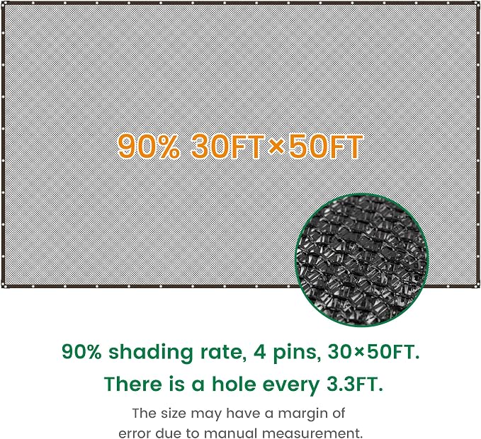 Shade Cloth, 30FT X 50FT 90% Black Outdoor Woven Sun Shade with Grommets, Durable Breathable Netting Shading Antifreezing for Patio, Garden, DIY Home, Plants Cover, Greenhouse, Dog Kennel