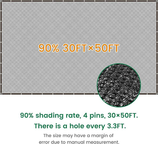 Shade Cloth, 30FT X 50FT 90% Black Outdoor Woven Sun Shade with Grommets, Durable Breathable Netting Shading Antifreezing for Patio, Garden, DIY Home, Plants Cover, Greenhouse, Dog Kennel
