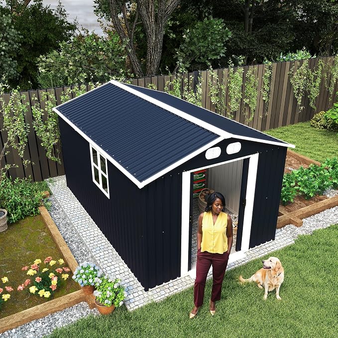 YOPTO 8x12 FT Outdoor Storage Shed, Metal Garden Shed with Window, Lockable Door & Sloped Roof, Large Waterproof Utility Tool Shed for Backyard, Garden, Patio, Lawn, Dark Gray