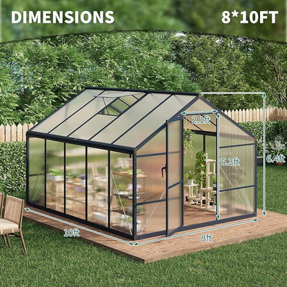 Garvee 8x10ft Walk-in Greenhouse, Heavy Duty Large Outdoor Green House | Polycarbonate Garden Greenhouse with Roof Vent, Lockable Outward-Opening Swing Door & Aluminium Frame for Backyard, Grey