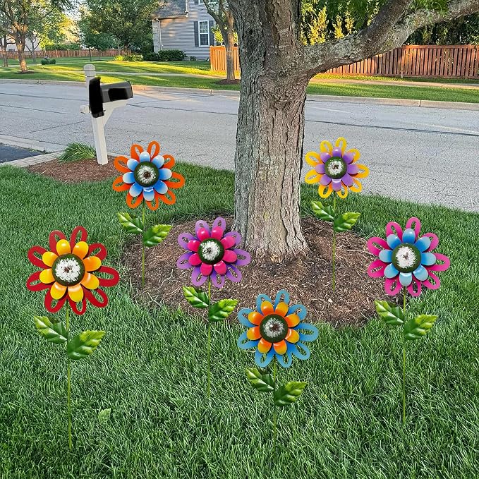 Metal Flower Garden Stakes Set of 6, Outdoor Yard Art Decorations, Hand-Painted Flower with Shaking Head Lawn Stakes for Garden, Patio, Flower Bed, Spring Summer Outdoor Decor