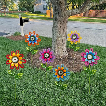 Metal Flower Garden Stakes Set of 6, Outdoor Yard Art Decorations, Hand-Painted Flower with Shaking Head Lawn Stakes for Garden, Patio, Flower Bed, Spring Summer Outdoor Decor