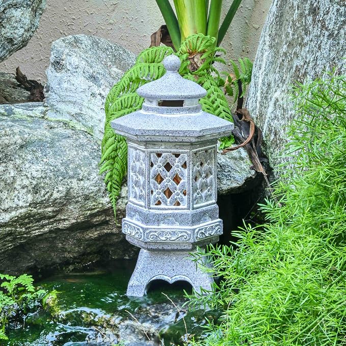 TERESA'S COLLECTIONS Pagoda Garden Statues with Solar Outdoor Light, Resin Zen Garden Lantern Asian Decor Outdoor Statues Lawn Ornaments Patio Porch Yard Decor Gifts for Mom 8.3''