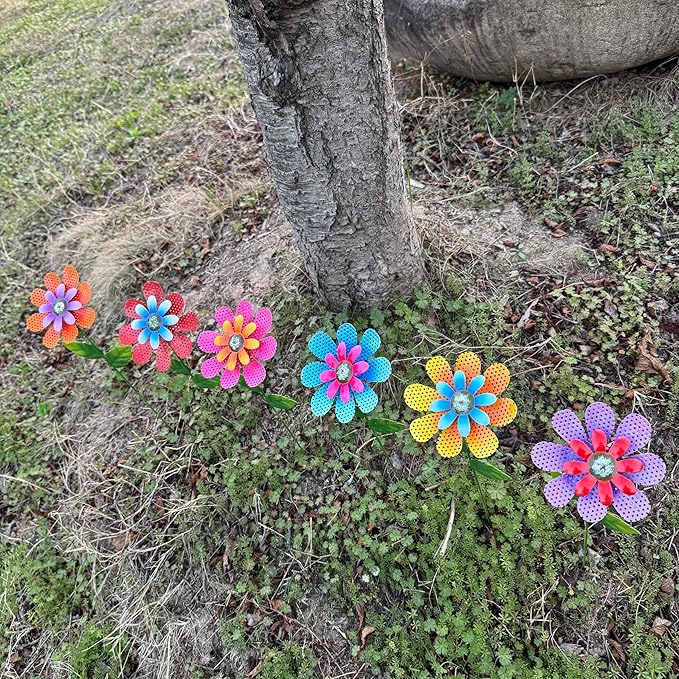 Garden Decor for Outside, Set of 6 Metal Flowers with Shaking Head Decorative Garden Stakes for Spring Decor, Yard Art Garden Decorations for Outdoor Lawn Porch Pathway Patio (Multi-Color)