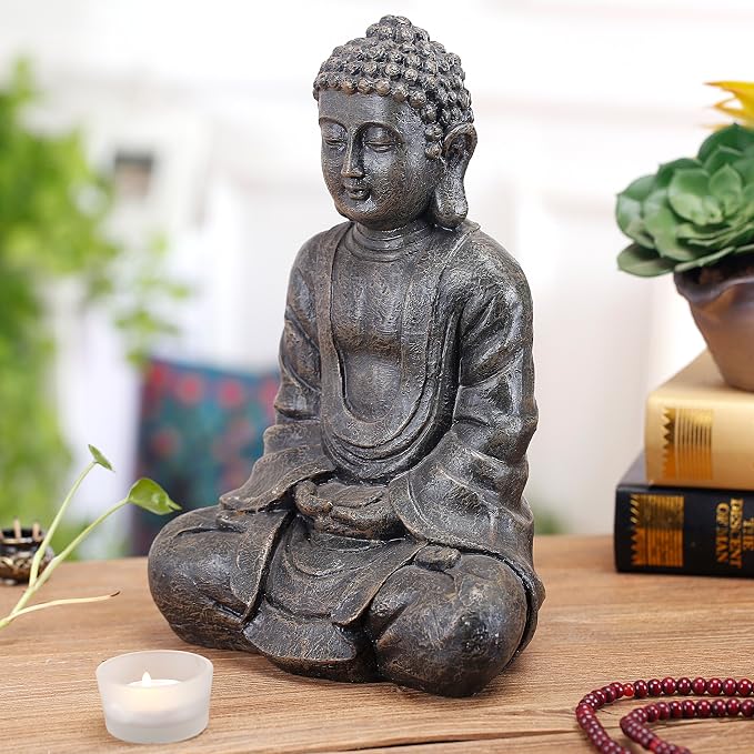 MyGift 11.5 Inch Sitting Buddha Statue, Gray Resin Meditation Figurine for Zen, Yoga, Prayer, Altar, Garden, or Spiritual Home Décor