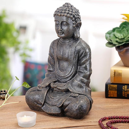 MyGift 11.5 Inch Sitting Buddha Statue, Gray Resin Meditation Figurine for Zen, Yoga, Prayer, Altar, Garden, or Spiritual Home Décor