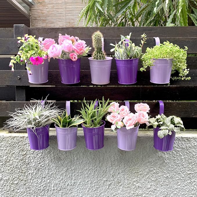 LaLaGreen Outdoor Rail Planter (4 in, 10 Pack) Purple Metal Railing Pots | Rail hanging planters for balcony, apartment, patio, porch, deck, herb, succulent, cactus pots, outdoor plants