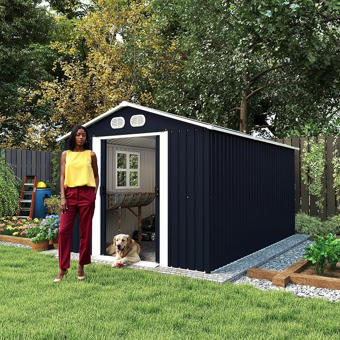 YOPTO 8x12 FT Outdoor Storage Shed, Metal Garden Shed with Window, Lockable Door & Sloped Roof, Large Waterproof Utility Tool Shed for Backyard, Garden, Patio, Lawn, Dark Gray