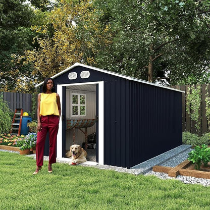 YOPTO 8x12 FT Outdoor Storage Shed, Metal Garden Shed with Window, Lockable Door & Sloped Roof, Large Waterproof Utility Tool Shed for Backyard, Garden, Patio, Lawn, Dark Gray