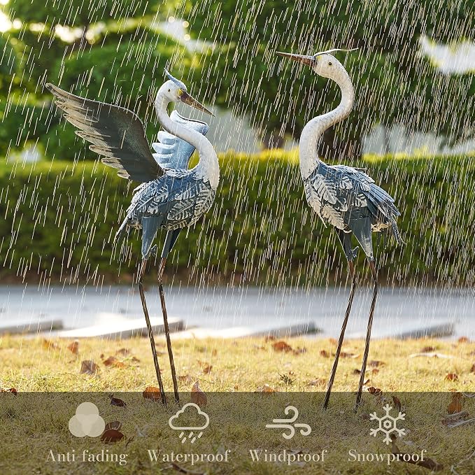 TERESA'S COLLECTIONS Yard Decorations Outdoor Garden Statues, Blue Metal Crane Yard Art, 25-26" Lawn Ornaments for Backyard,Outside Porch,Patio,Heron Decoy Bird Garden Decor,Set of 2,Gifts for Mom