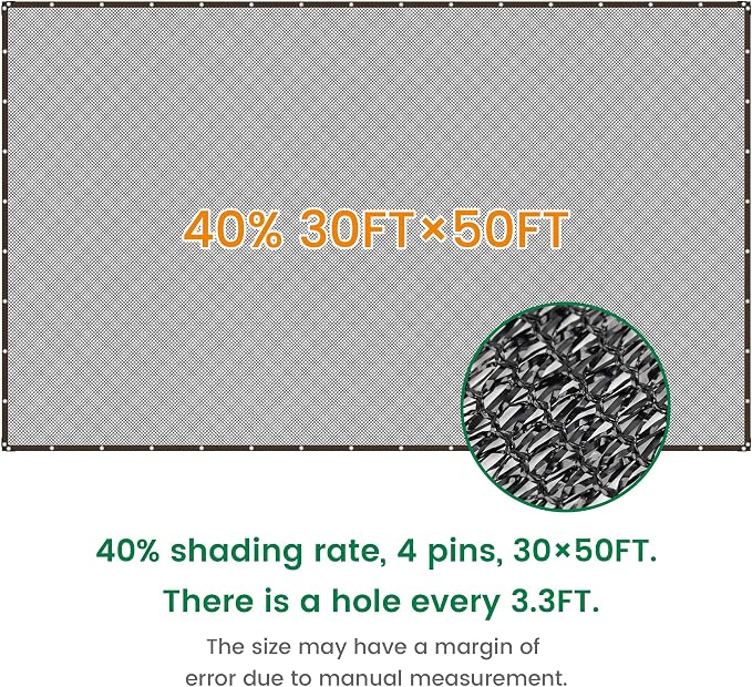 Shade Cloth, 30FT X 50FT 40% Black Outdoor Woven Sun Shade with Grommets, Durable Breathable Netting Shading Antifreezing for Patio, Garden, DIY Home, Plants Cover, Greenhouse, Dog Kennel