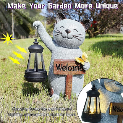 Juegoal Garden Statue Solar Cat Figurine with LED Lantern, Mothers Day 10" Resin Kitten Hold Welcome Sign, Outdoor Whimsical Lawn Porch, Lighted Housewarming Birthday for Mom Grandma