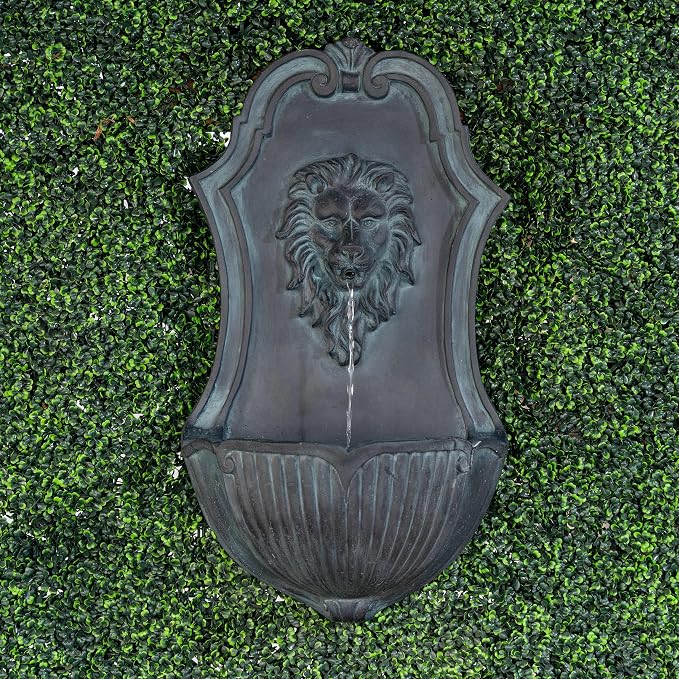 XBrand 29.9" Solar-Powered Wall-Mounted Lion Head Fountain, Resin, Outdoor, Gray