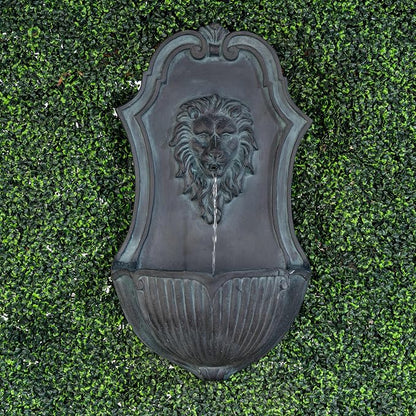 XBrand 29.9" Solar-Powered Wall-Mounted Lion Head Fountain, Resin, Outdoor, Gray
