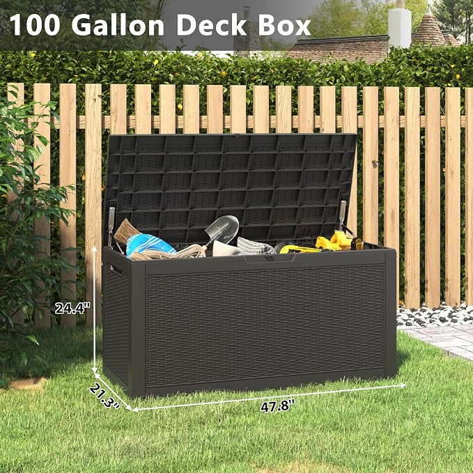 NUNU LAB 100 Gallon Large Waterproof Resin Deck Box, Lockable Outdoor Storage Box with Gas Lift, Patio Cushions, Garden Tools, Pool Supplies, Indoor Outdoor Storage Container, Black