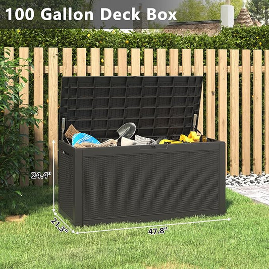 NUNU LAB 100 Gallon Large Waterproof Resin Deck Box, Lockable Outdoor Storage Box with Gas Lift, Patio Cushions, Garden Tools, Pool Supplies, Indoor Outdoor Storage Container, Black