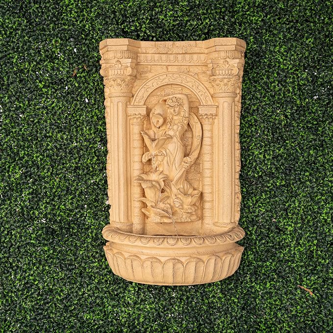 XBrand 30.3" Solar Pot Fountain, Tall Brown Maiden Holding Pot Wall Fountain, Outdoor Water Fountain, Polyresin