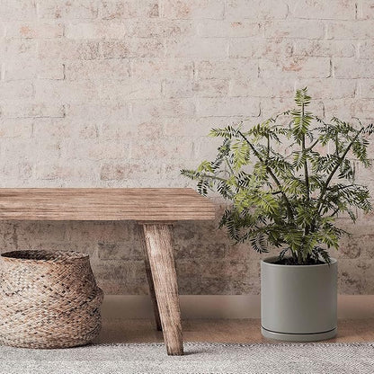 D'vine Dev 10 Inch Ceramic Planter Pot with Drainage Hole and Saucer, Indoor Cylinder Round Planter Pot, Grey, 94-O-E-3