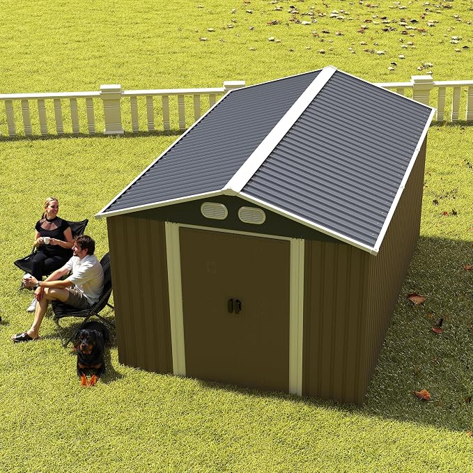 YOPTO 8x12 FT Outdoor Storage Shed, Metal Garden Shed with Window, Lockable Door & Sloped Roof, Large Waterproof Utility Tool Shed for Backyard, Garden, Patio, Lawn, Brown