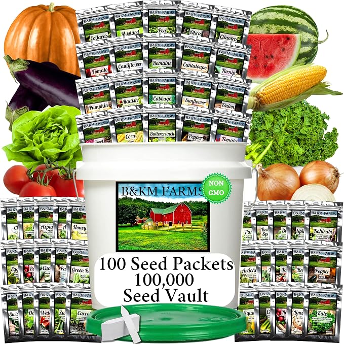 B&KM Farms 100,000+ Heirloom Survival Seed Kit | 50+ Non-GMO Vegetable & Fruit Varieties | 100 Seed Packets | 5-15 Year Food Storage | Weatherproof Bucket for A Sustainable, Self-Sufficient Garden