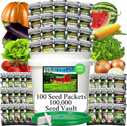 B&KM Farms 100,000+ Heirloom Survival Seed Kit | 50+ Non-GMO Vegetable & Fruit Varieties | 100 Seed Packets | 5-15 Year Food Storage | Weatherproof Bucket for A Sustainable, Self-Sufficient Garden